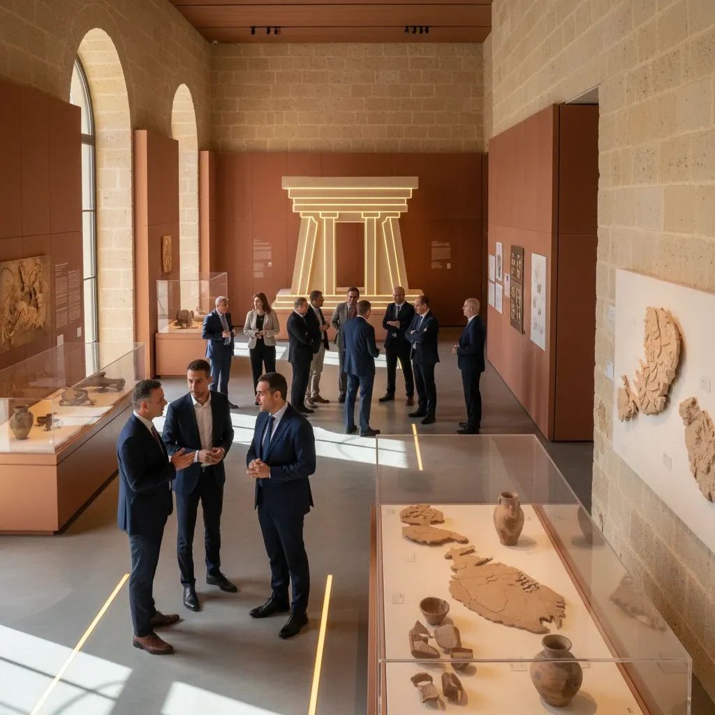 Museum professionals and visitors engaging with heritage displays and cultural artifacts in a modern gallery setting
