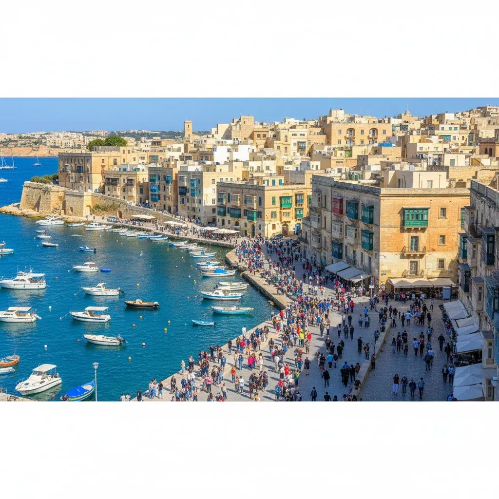 Wide aerial view of Valletta waterfront with crowded streets and tourist boats on a sunny day