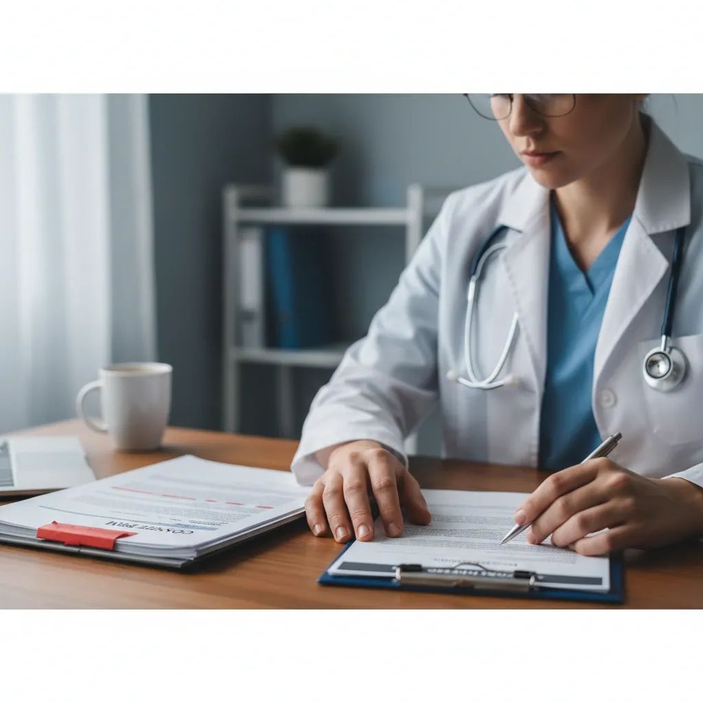 Medical professional at desk with paperwork, representing healthcare ethics and legal conflict