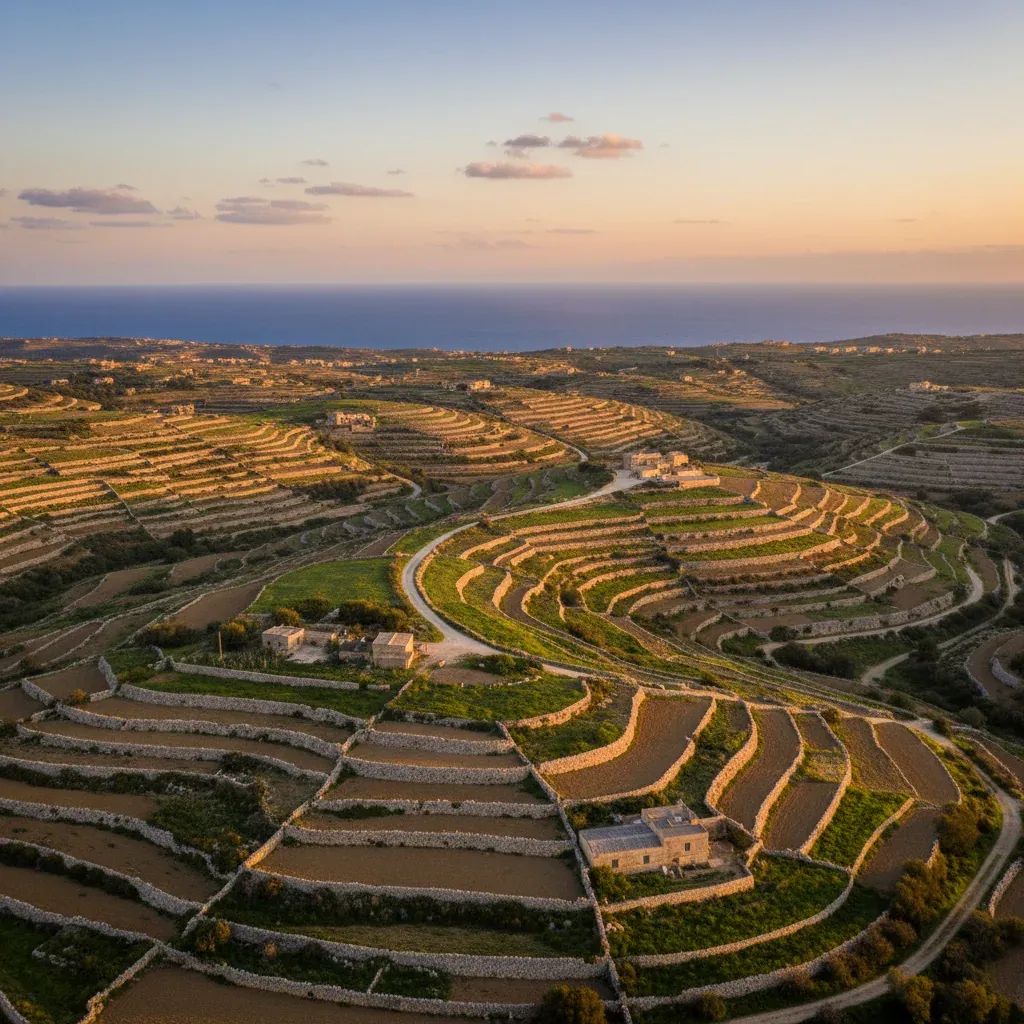 Terraced Maltese hillside with traditional dry stone walls creating patchwork agricultural landscape