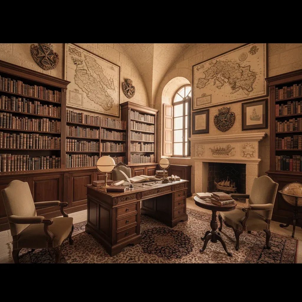 Historic study room with antique maps, books, and period furniture from Maltese scholar collection