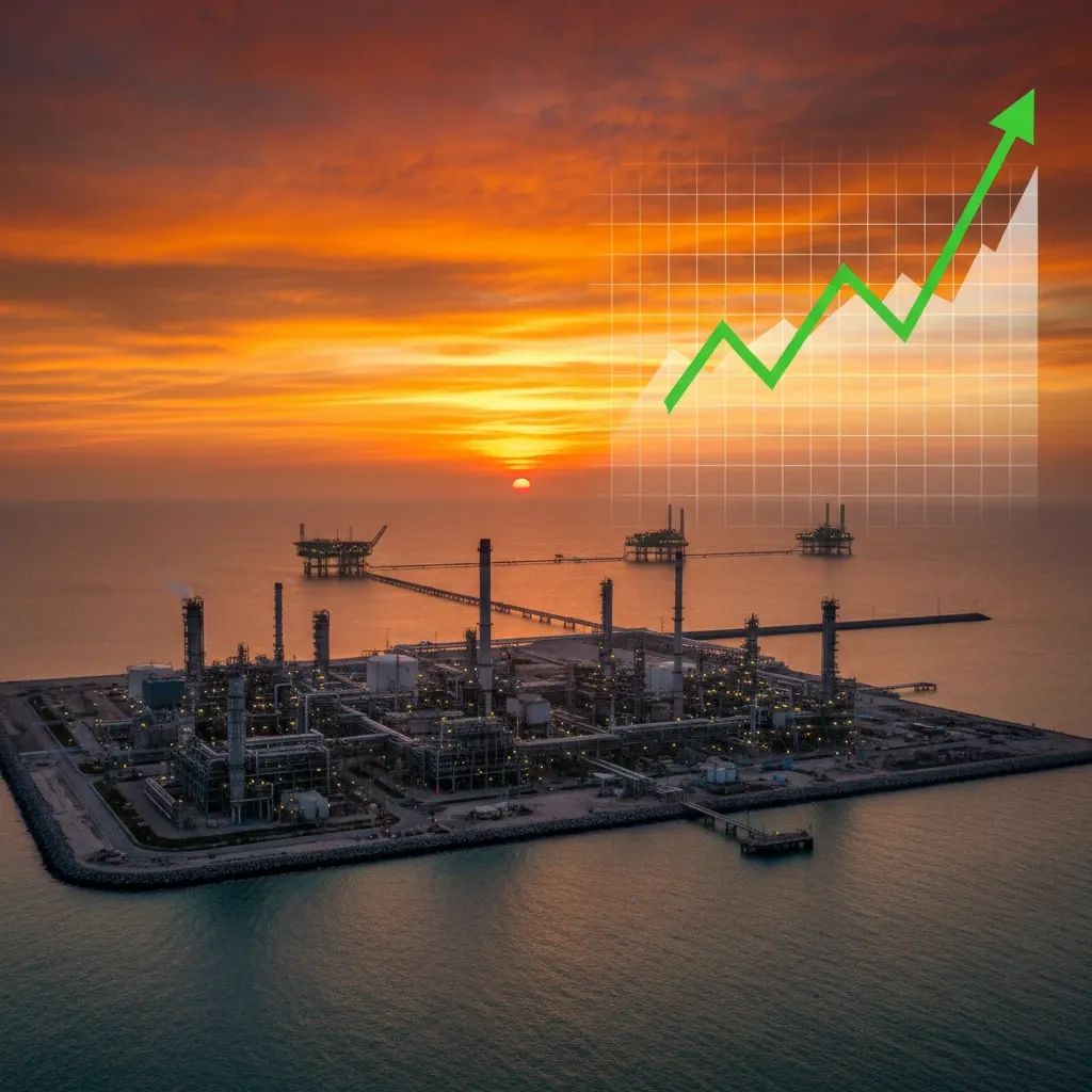 Oil refinery and offshore gas platforms against dramatic sunset, representing energy crisis and rising fuel prices