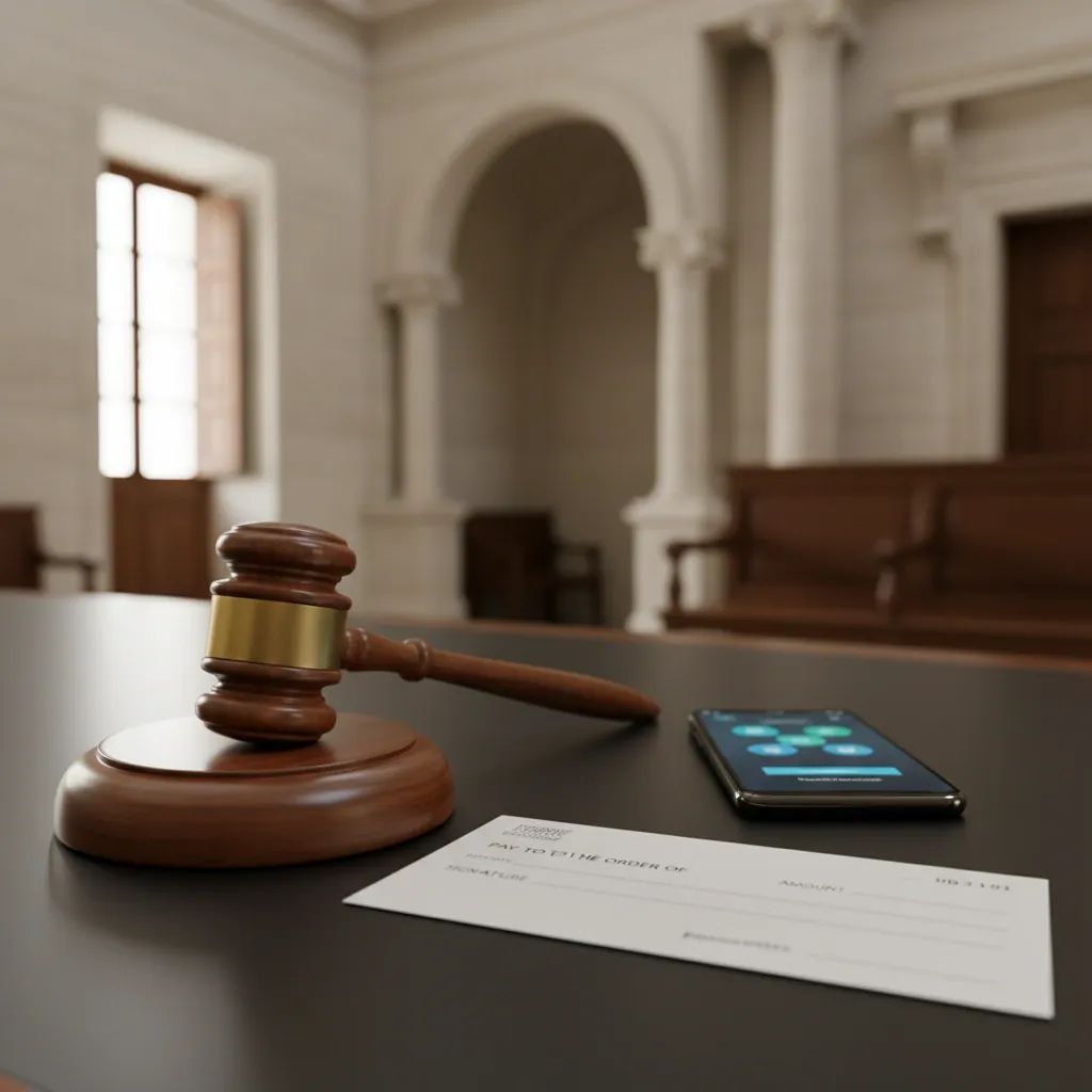 Judge’s gavel beside blank cheque and smartphone hinting at Malta’s crackdown on cheque fraud and shift to digital payments