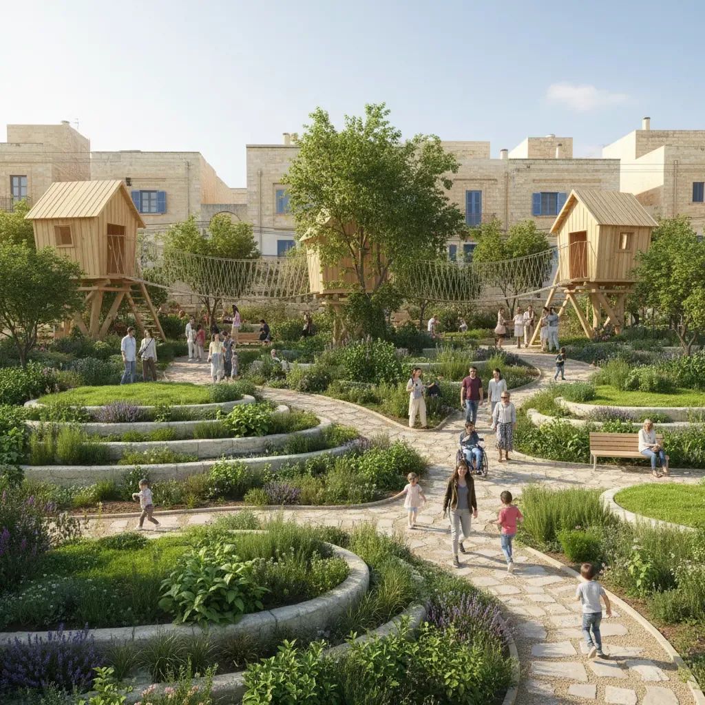 Modern community garden in Kirkop with treehouses, herb zones, and accessible walking paths for families