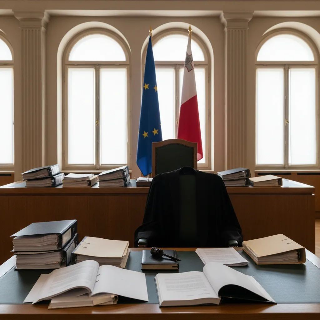 Official courtroom or prosecution office setting representing EU financial crime investigation in Malta
