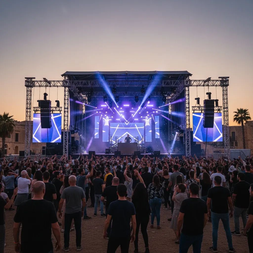 Electronic music festival stage with crowd and professional stage lighting during evening performance