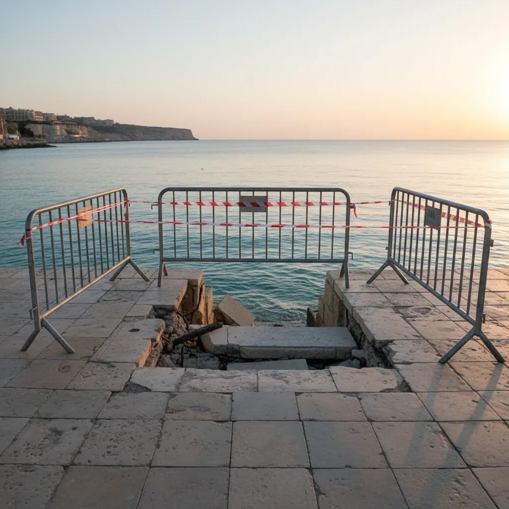 Metal barriers and caution tape blocking a damaged staircase on Sliema’s seaside promenade with the Mediterranean in the background