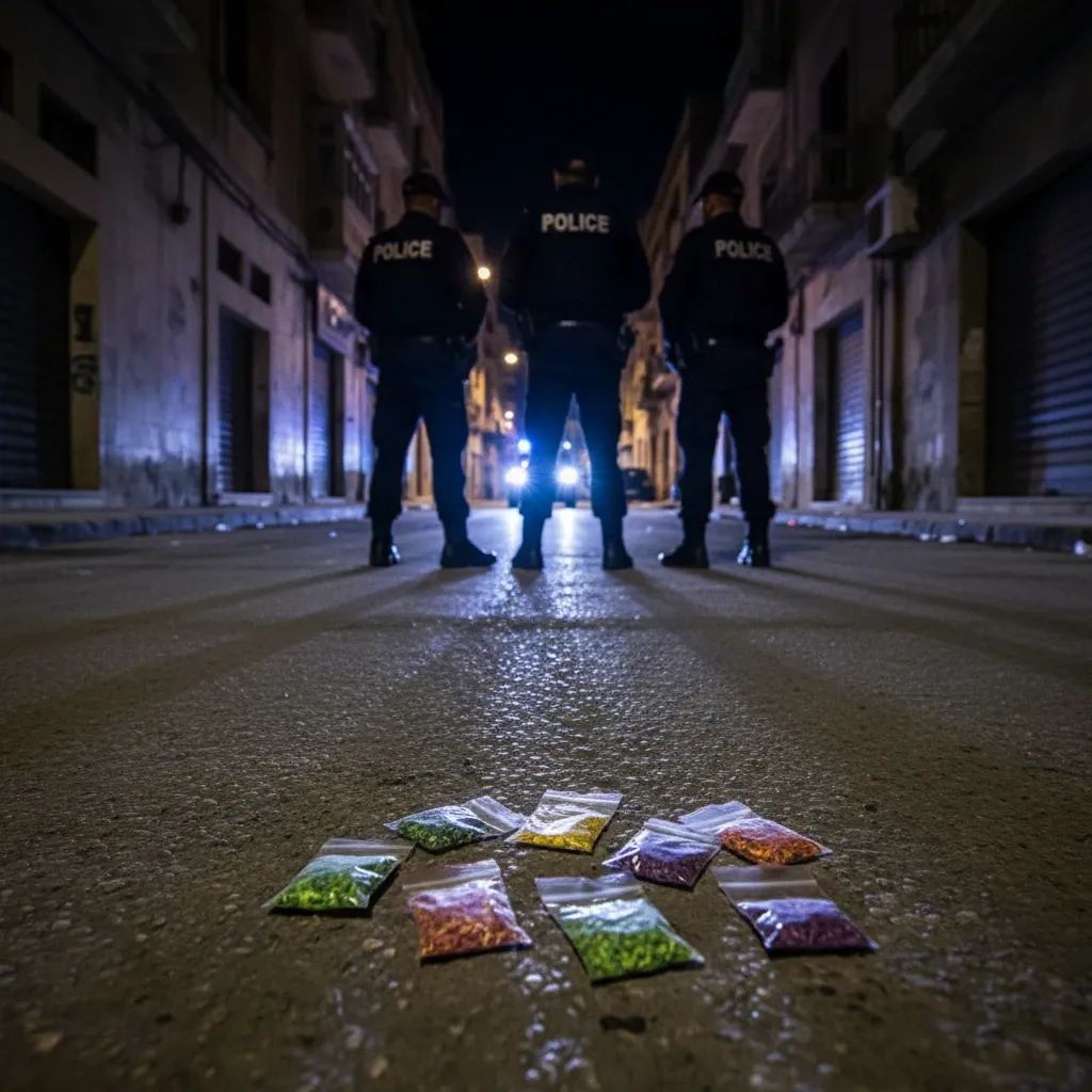 Maltese police show seized sachets of synthetic cannabis on a Marsa street during night patrol