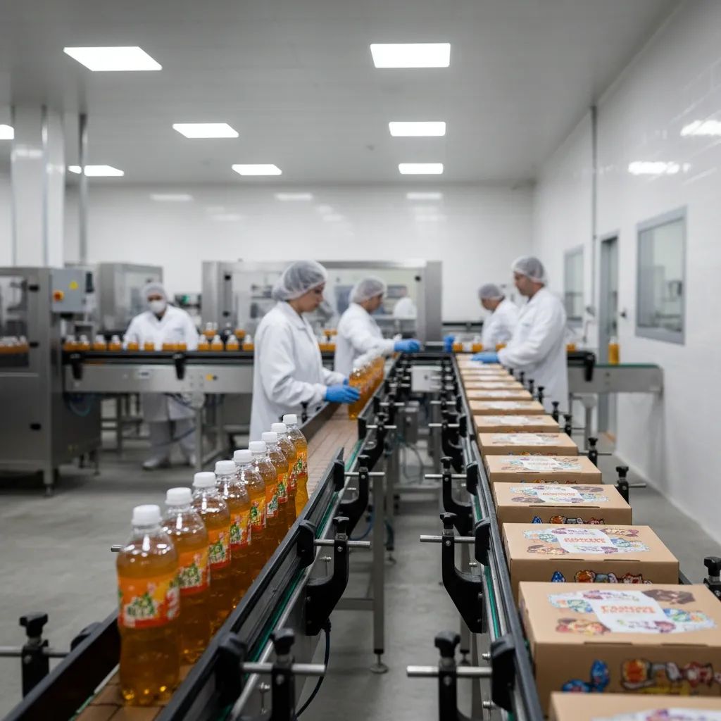 Maltese food manufacturing plant with production lines and packaged confectionery and beverages