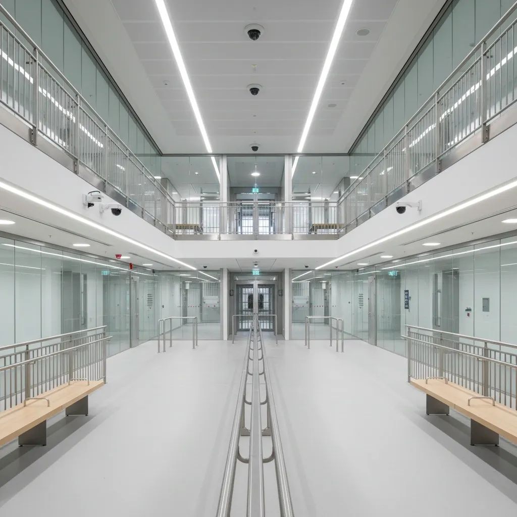 Government detention facility hallway with security features and institutional design elements
