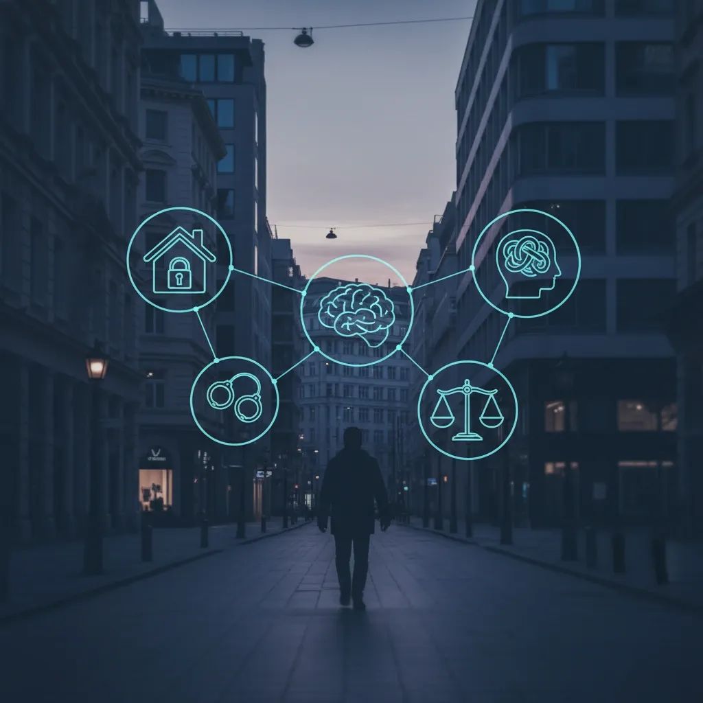 Conceptual news image depicting interconnected social challenges in Malta's criminal justice and homelessness systems