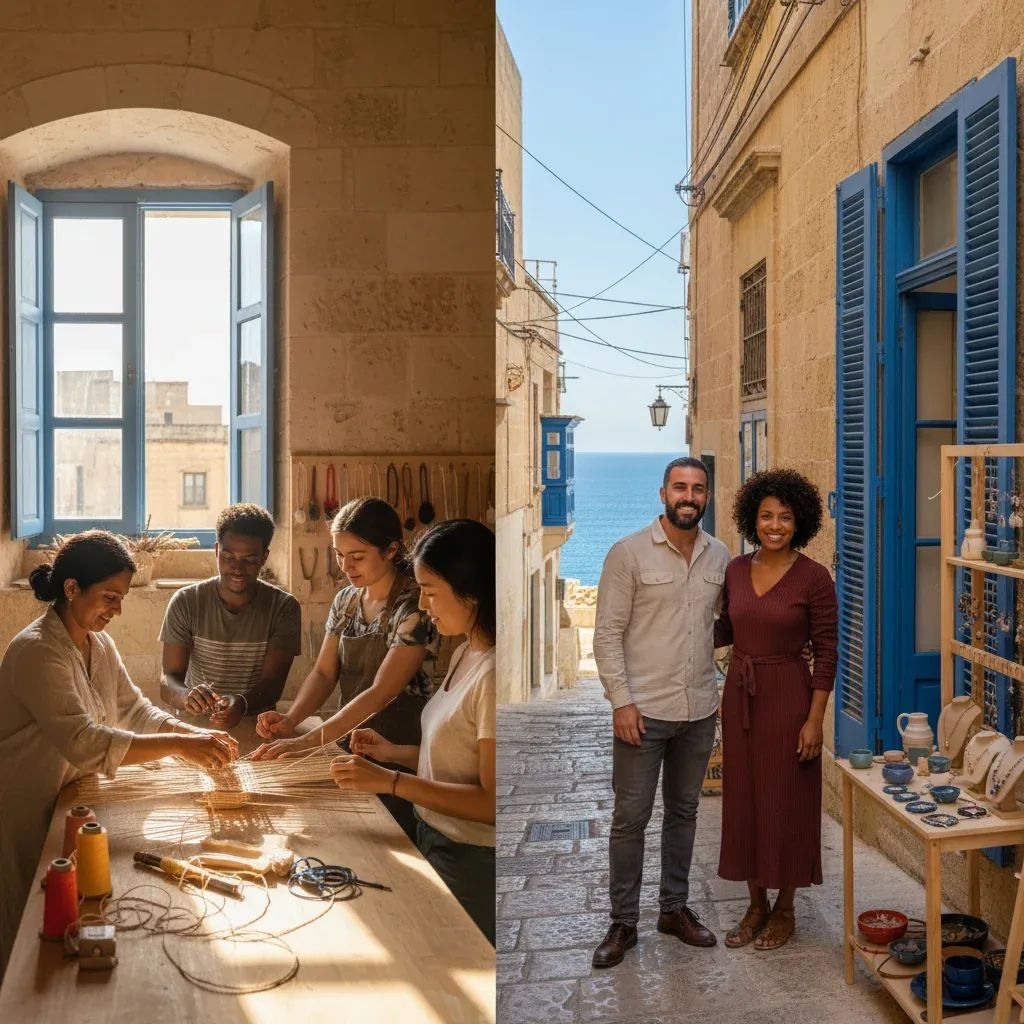 Small business owners working in a traditional Mediterranean workshop and retail setting