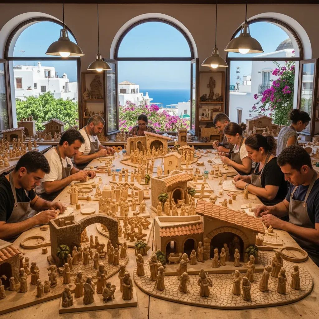 Artisan craftspeople working on detailed nativity scene figures in traditional workshop setting
