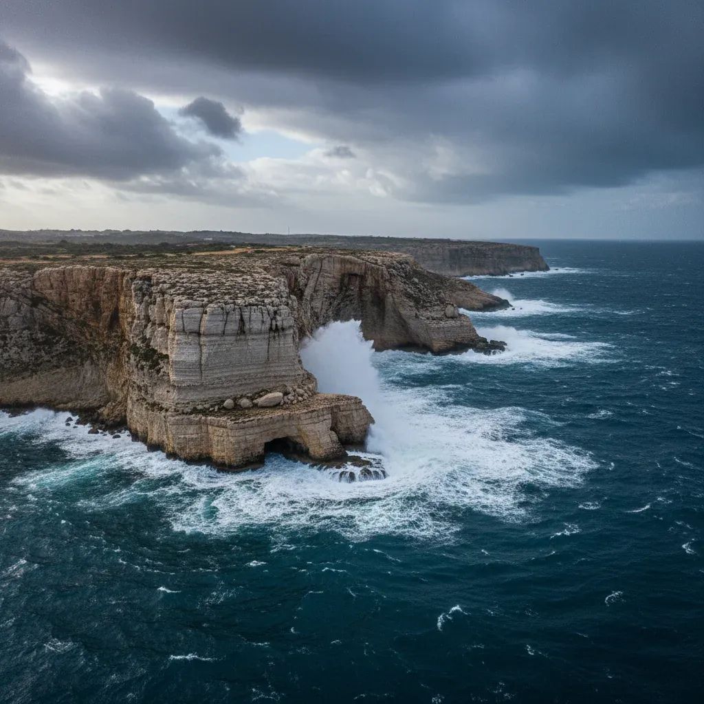 Dramatic winter storm scene at Malta's rocky coastline with crashing waves and storm clouds overhead