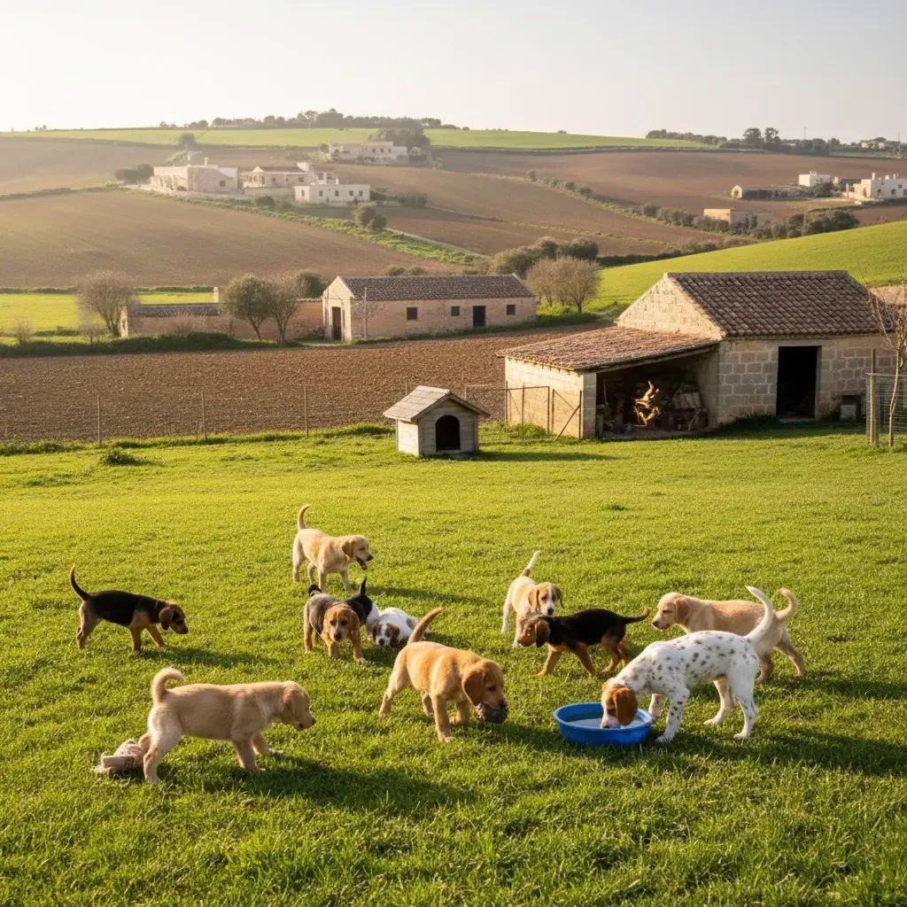 Happy puppies playing on grass in a safe, well-maintained farm environment with proper shelter and water facilities visible