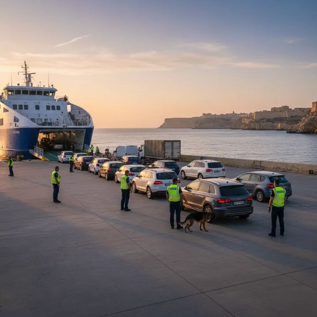 Customs officers and sniffer dog inspect cars at Maltese ferry terminal checkpoint after major cocaine seizure