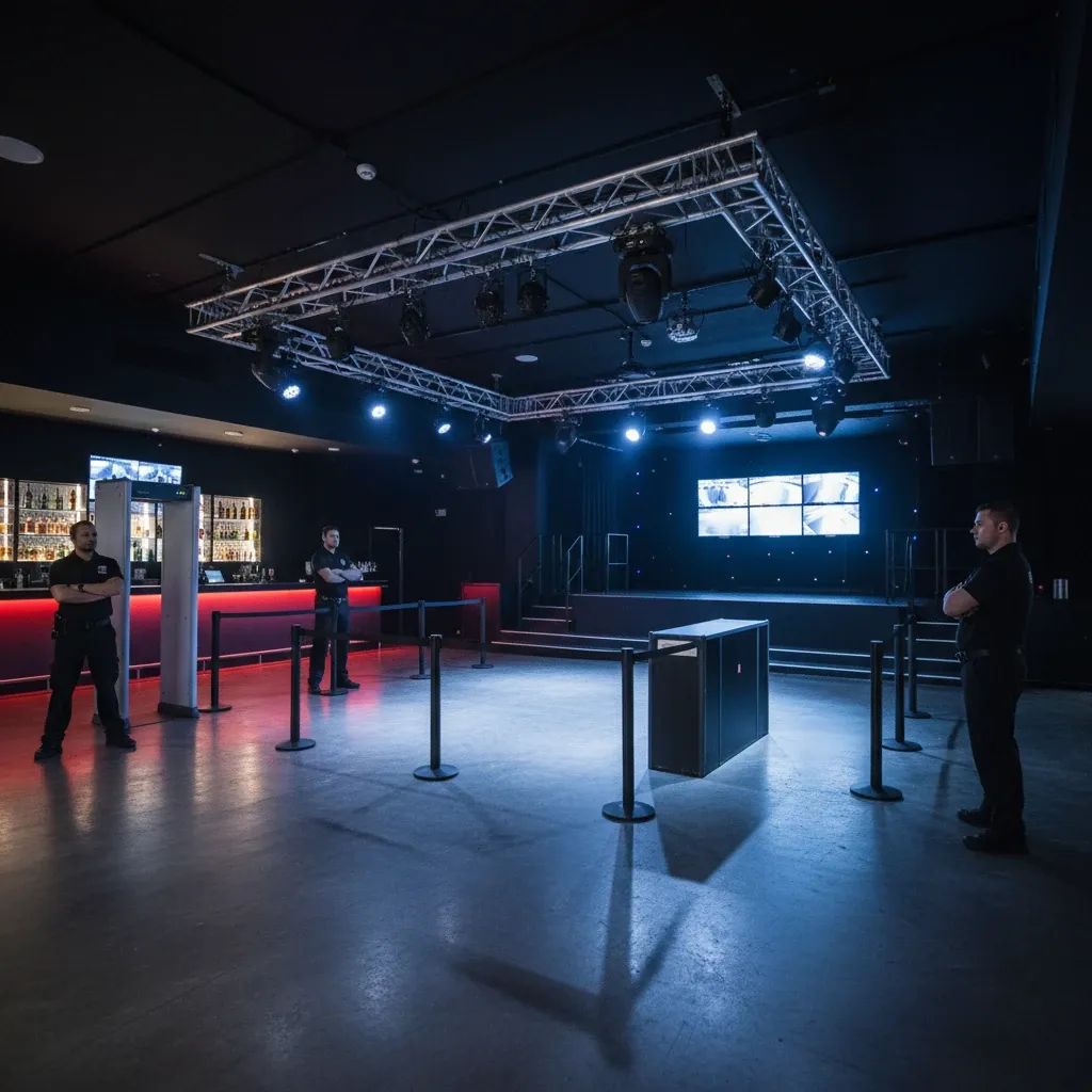 Modern nightclub interior showing security measures and empty dance floor with professional lighting