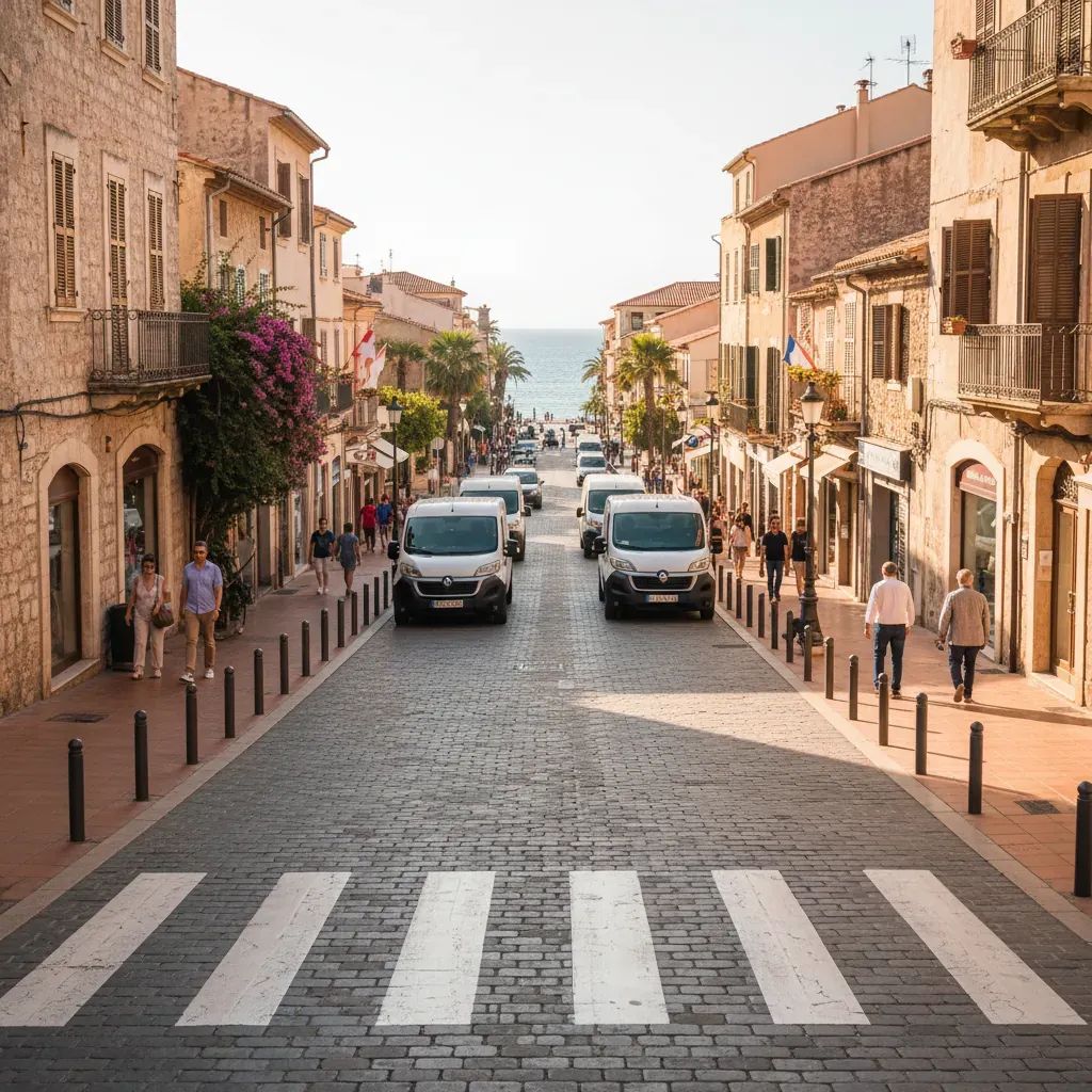 Mediterranean commercial street scene showing pedestrians and delivery van traffic during daytime shopping hours