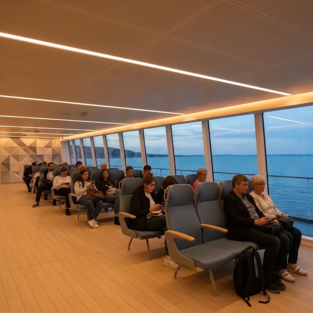 Modern ferry interior with calming design, soft lighting, and acoustic sound-dampening panels for sensory accommodation