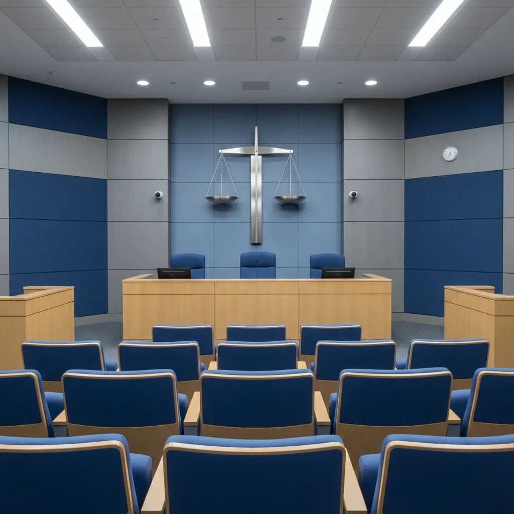 Courtroom interior with judge's bench and scales of justice symbolizing Malta's legal system