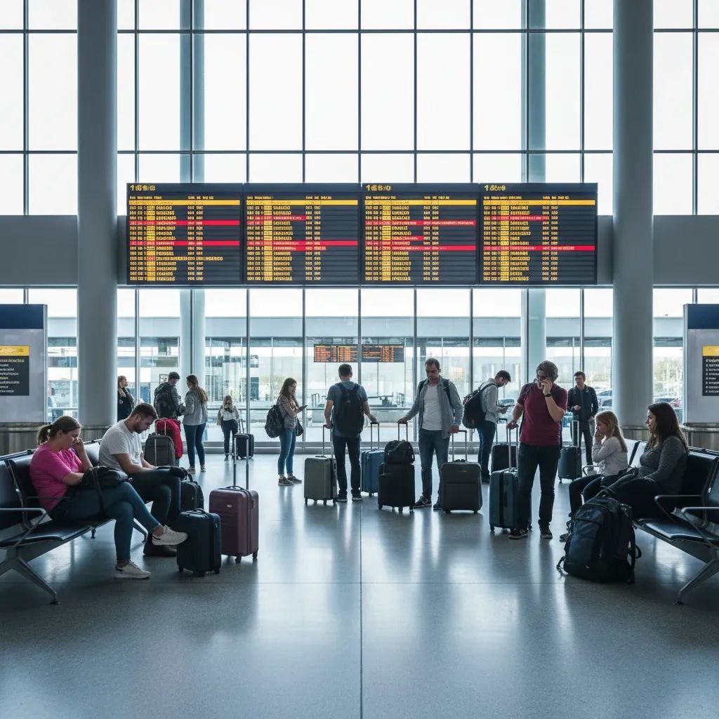 Airport departure board displaying flight delays and cancellations during Italian strike disruption