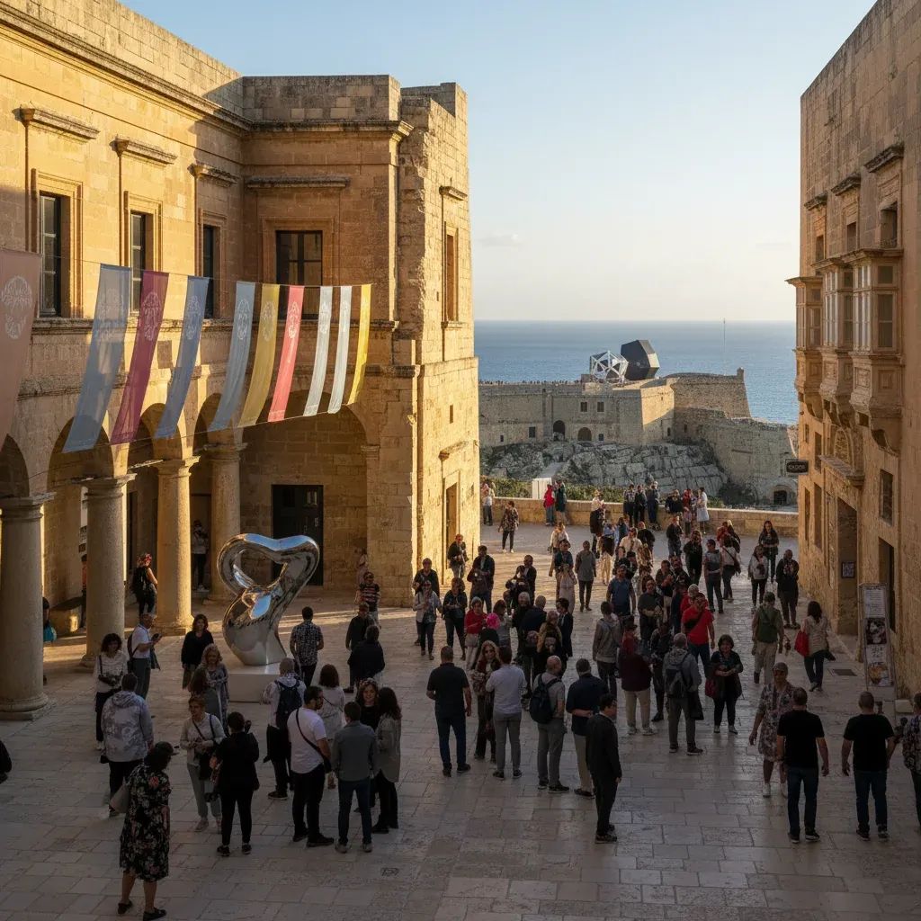 Visitors exploring contemporary art installations at Valletta heritage site during Malta Biennale