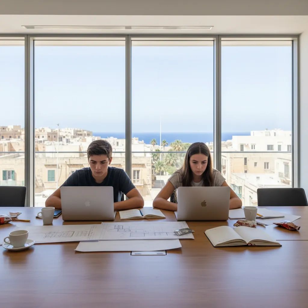 Two Maltese teenagers using laptops in a shared workspace, symbolising new rights for 16-year-old entrepreneurs