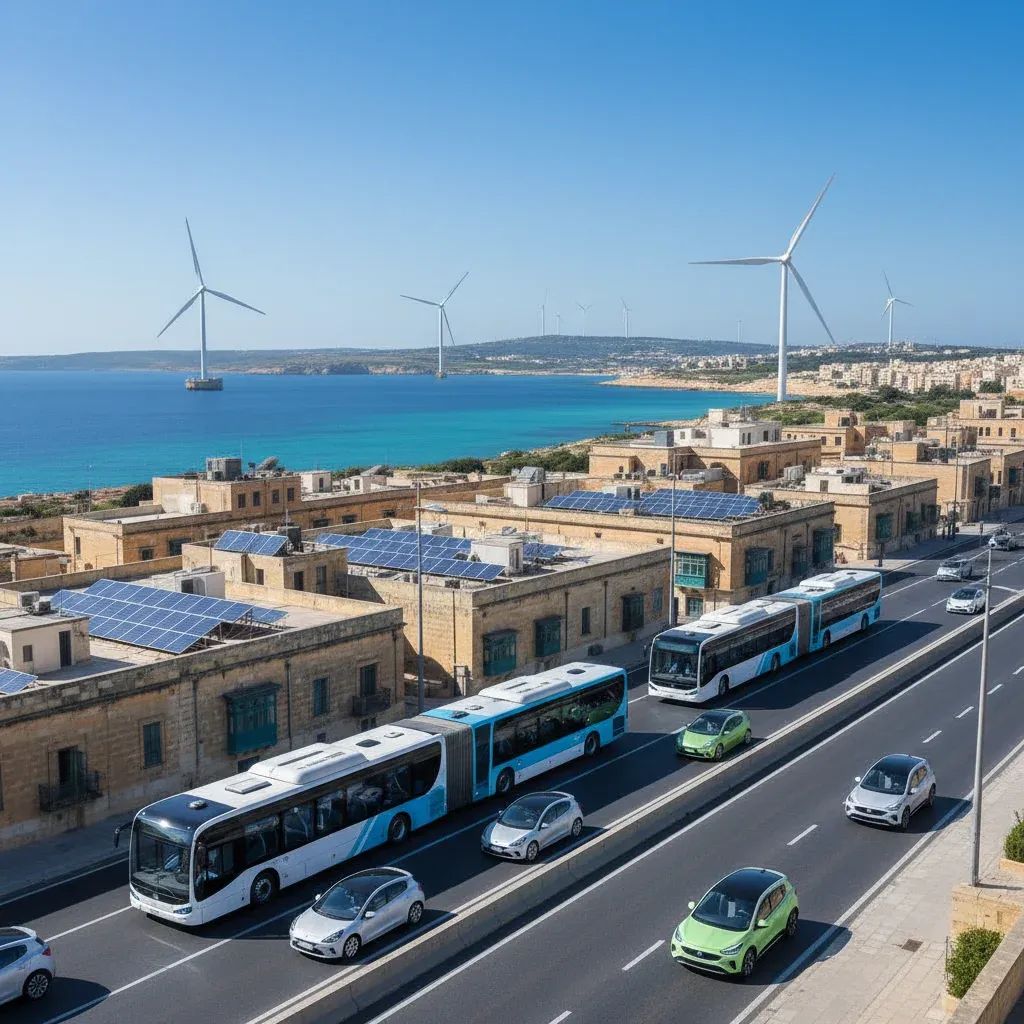 Modern Malta cityscape showing electric vehicles, solar panels, and renewable energy infrastructure representing climate action