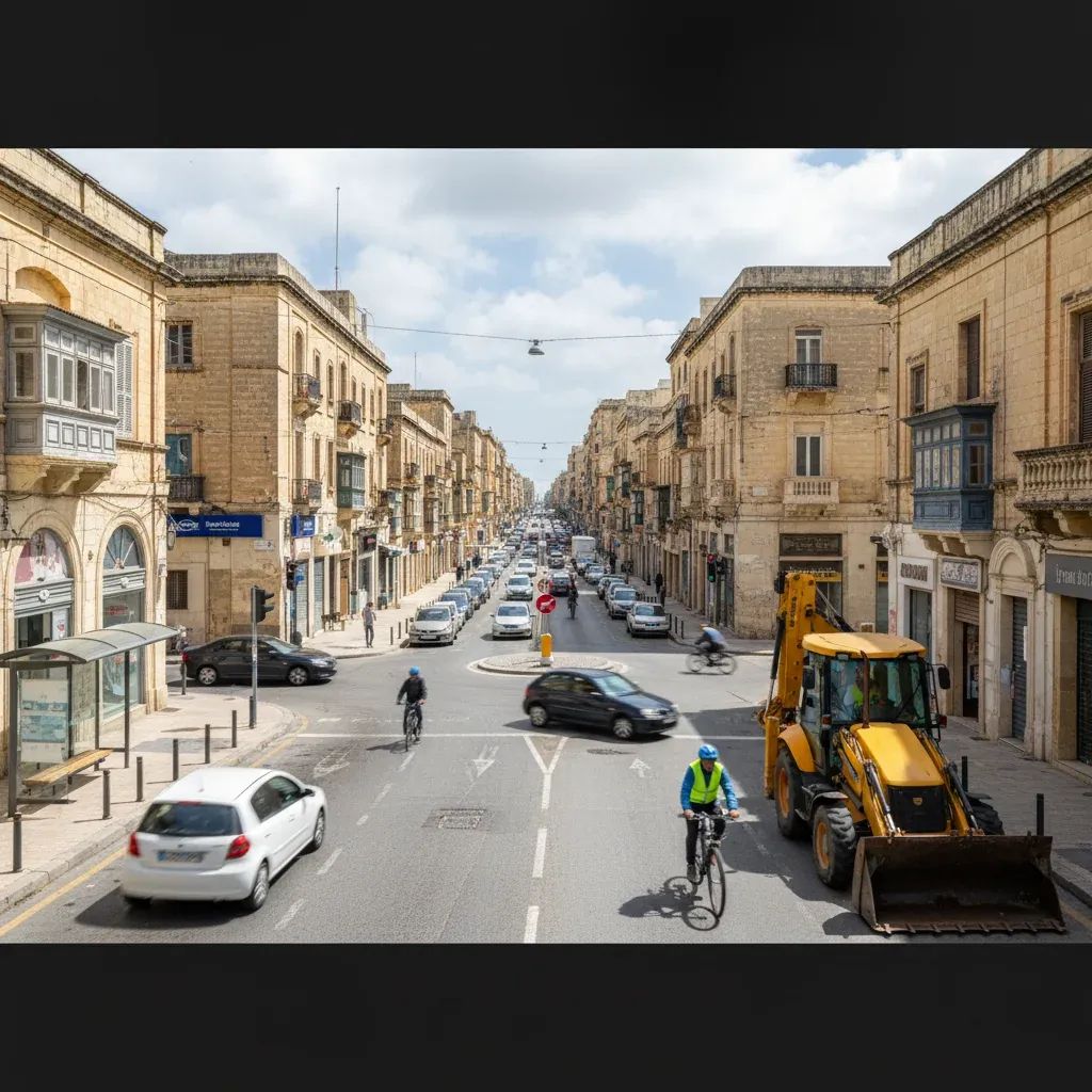 Urban street in Malta showing construction traffic and cyclist sharing road space