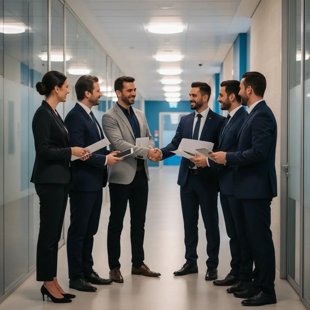 Diverse international professionals collaborating in modern office setting representing global diplomatic and labor cooperation