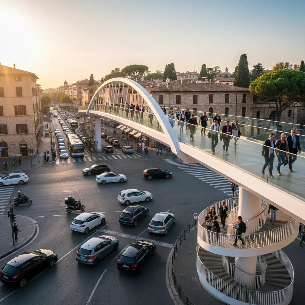 Pedestrian bridge spanning over urban road with traffic and commuters crossing below in Mediterranean city