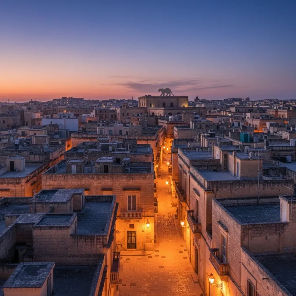 Dusk over Cottonera rooftops with a distant shadowy big-cat silhouette symbolising the rumoured panther sighting