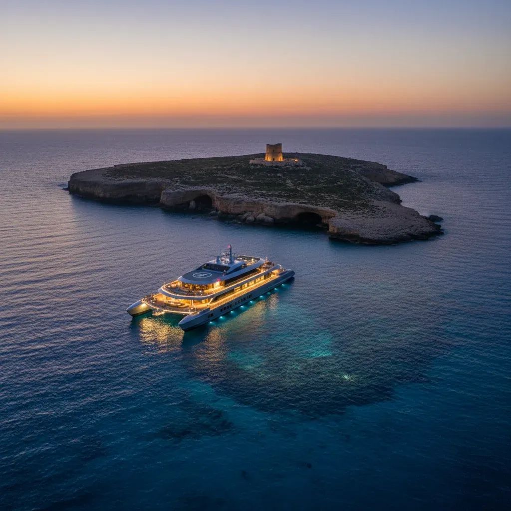 Aerial view of Comino with floating luxury platform anchored in protected marine waters at sunset
