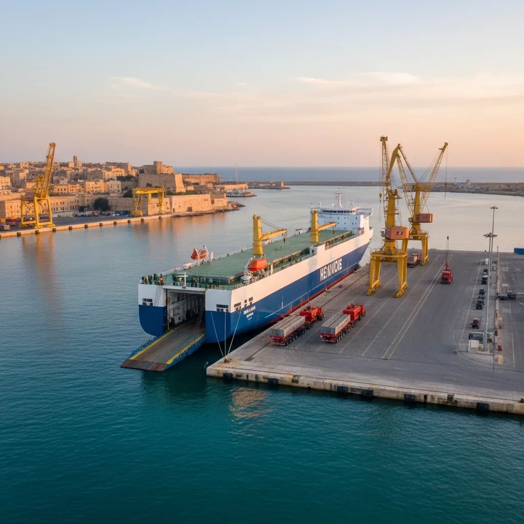 Cargo ship unloading trailers at Malta’s Grand Harbour with port cranes in background