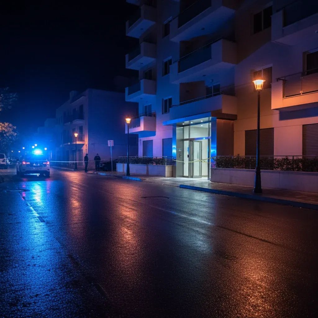 Police lights illuminating an Attard apartment block after a violent iGaming debt incident in Malta
