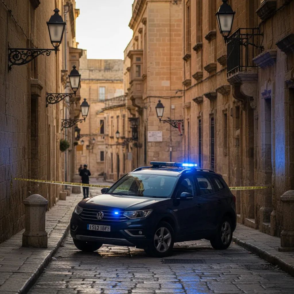 Police car with blue lights parked on a Valletta street behind crime-scene tape at dusk