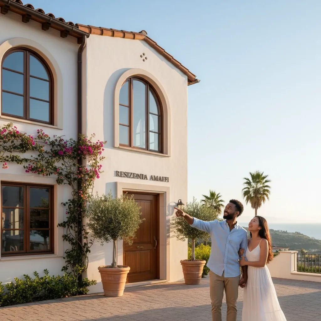 Young couple examining a residential apartment building in Malta as potential home purchase