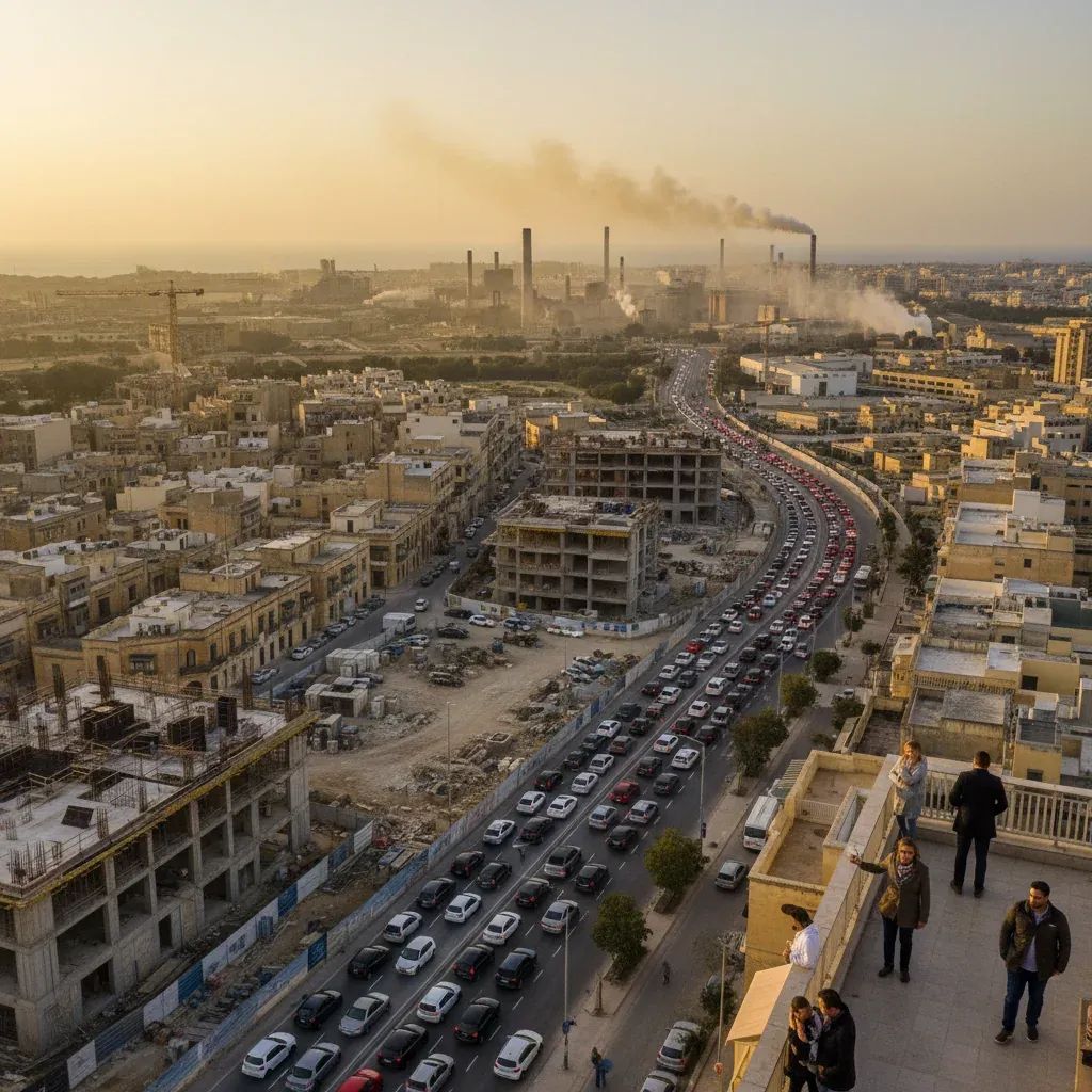 Urban Malta cityscape showing construction, traffic, and pollution haze affecting densely populated areas