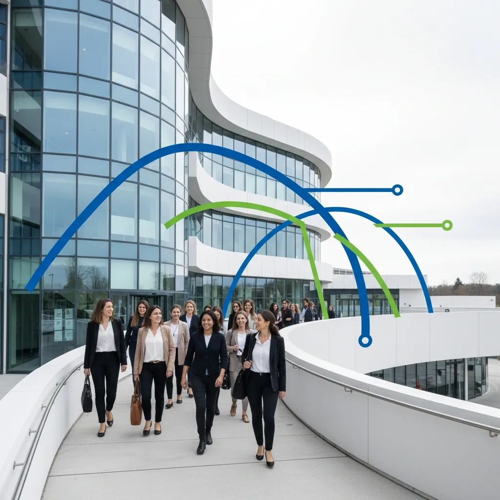 Illustration of women accessing EU support services at administrative building representing healthcare access initiatives