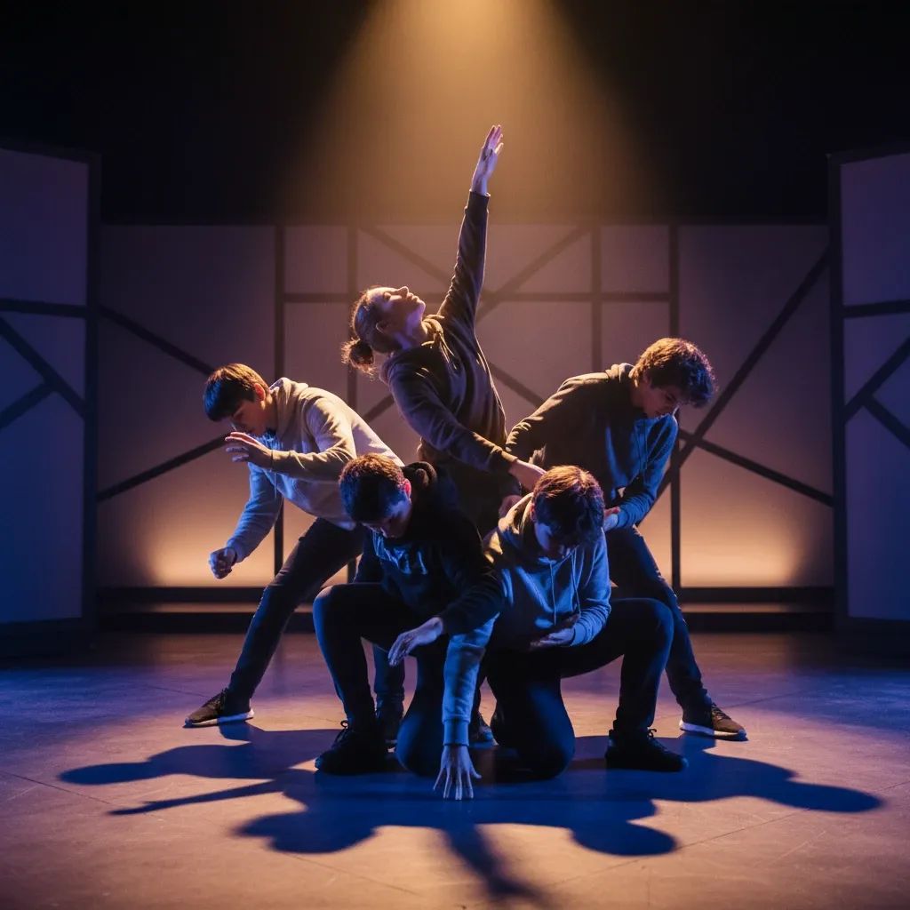 Young students performing on stage during theatrical production about teenage mental health and identity
