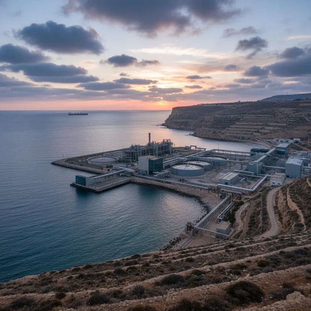 Desalination plant on Malta coastline with Mediterranean Sea and distant tanker vessel visible on horizon