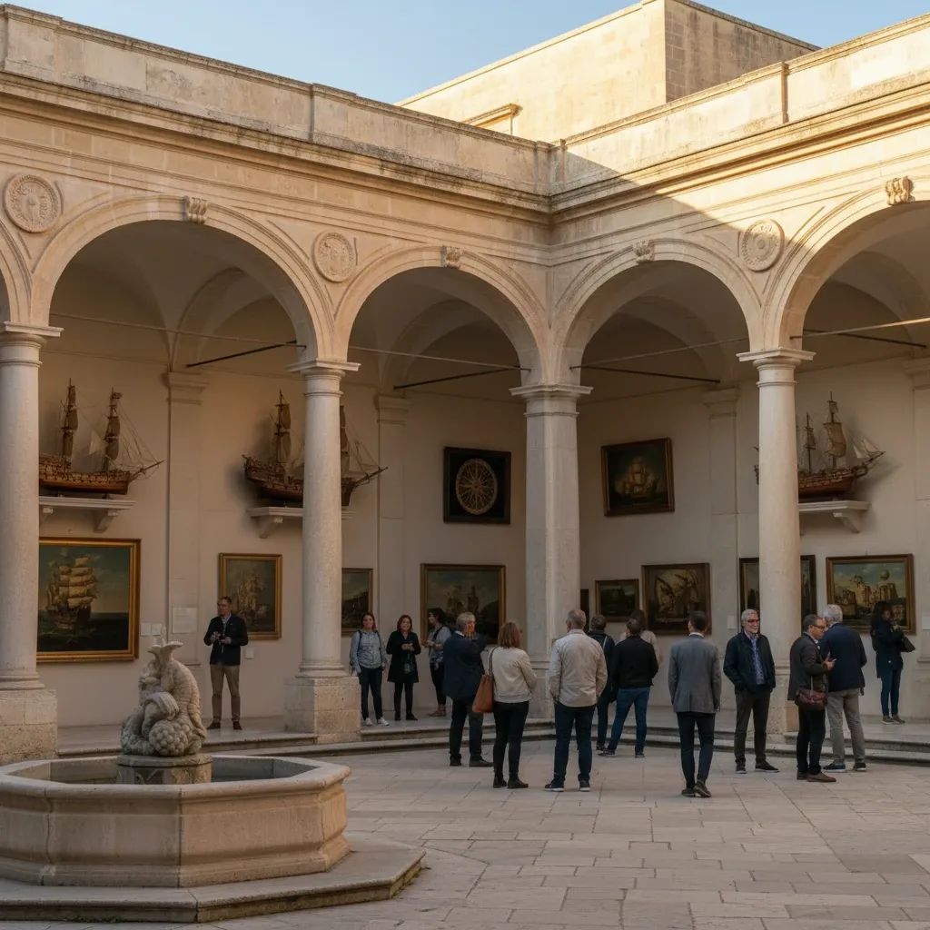 Historic Palazzo Falson courtyard in Mdina with classical architecture and maritime heritage displayed