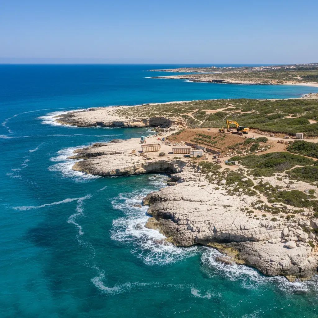 Aerial view of White Rocks coastal area in Pembroke showing Mediterranean landscape during cleanup