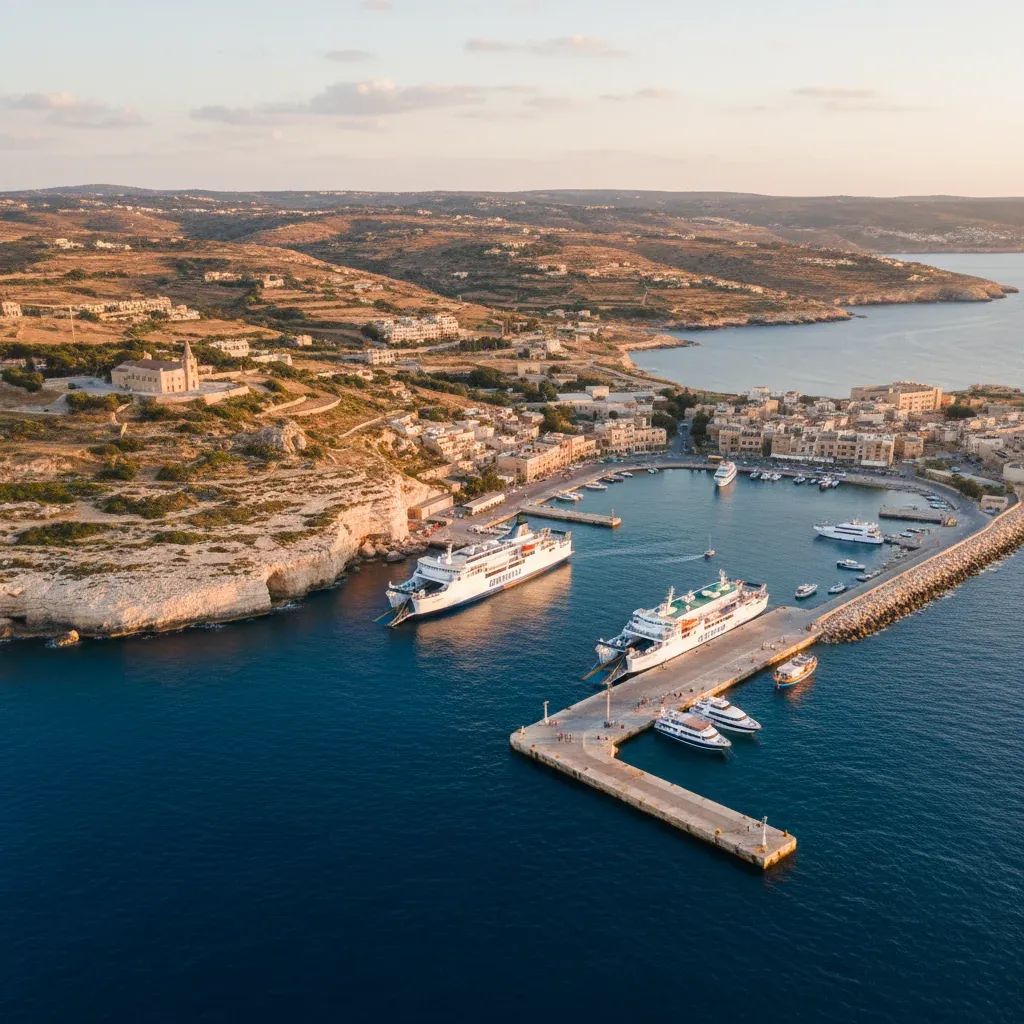 Aerial view of Gozo harbor with ferries and boats, showing the island's coastal infrastructure and tourism demand