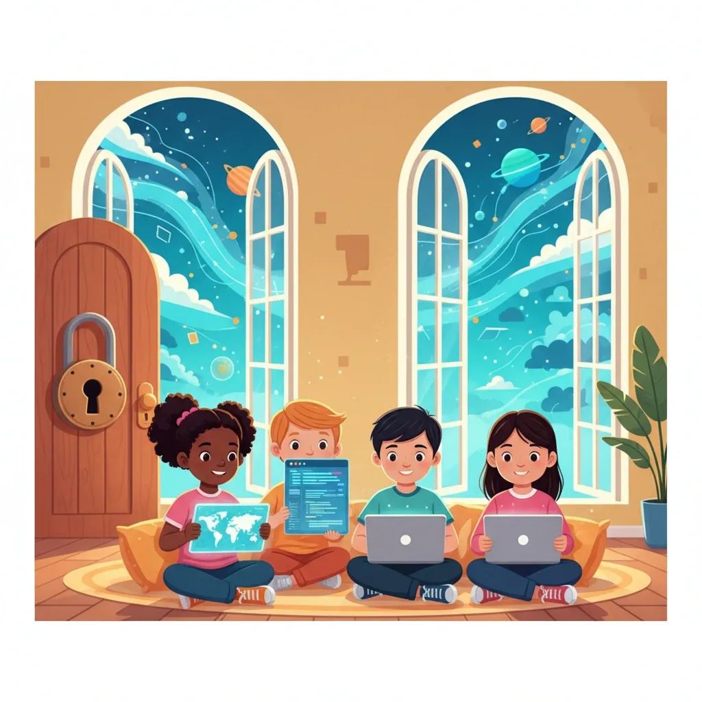 Illustration of children using digital devices safely at home with protective elements symbolizing online security