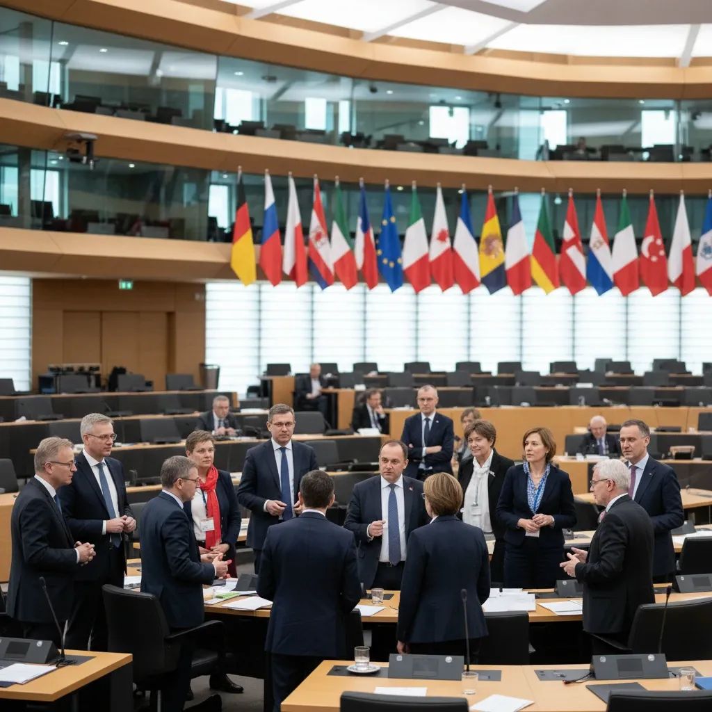 EU Parliament delegates discussing policies in formal diplomatic chamber setting