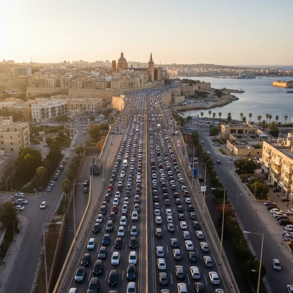 Aerial view of heavy traffic congestion on a multi-lane highway in Malta during peak commute hours