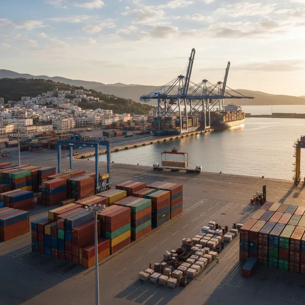 Cargo containers and ships at a busy Mediterranean port illustrating global trade and import dependency