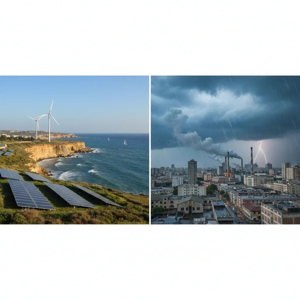 Malta's renewable energy infrastructure contrasting with turbulent European energy crisis symbolism