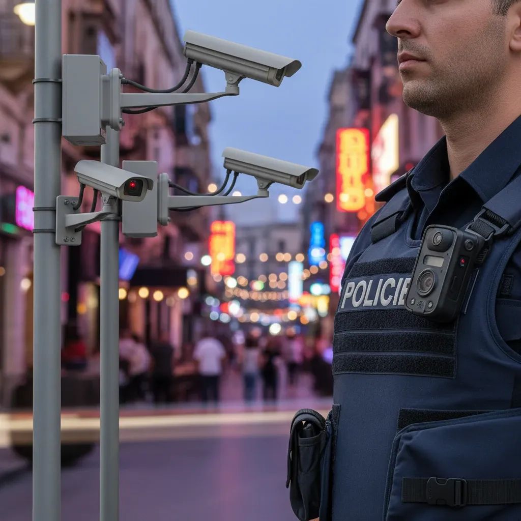 Police officer with body camera equipment and CCTV surveillance cameras monitoring Maltese nightlife district